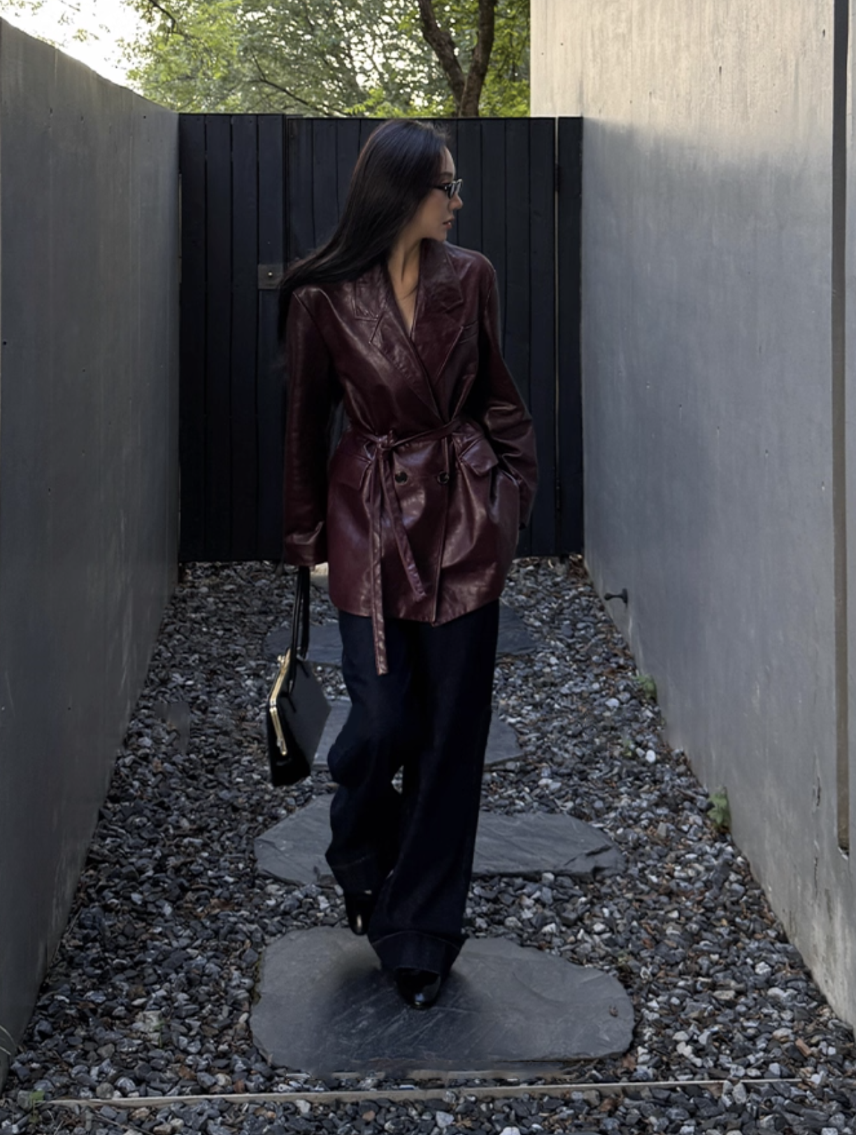 深酒紅綁帶造型油蠟真皮皮衣外套-S-L (Elegant & Love)