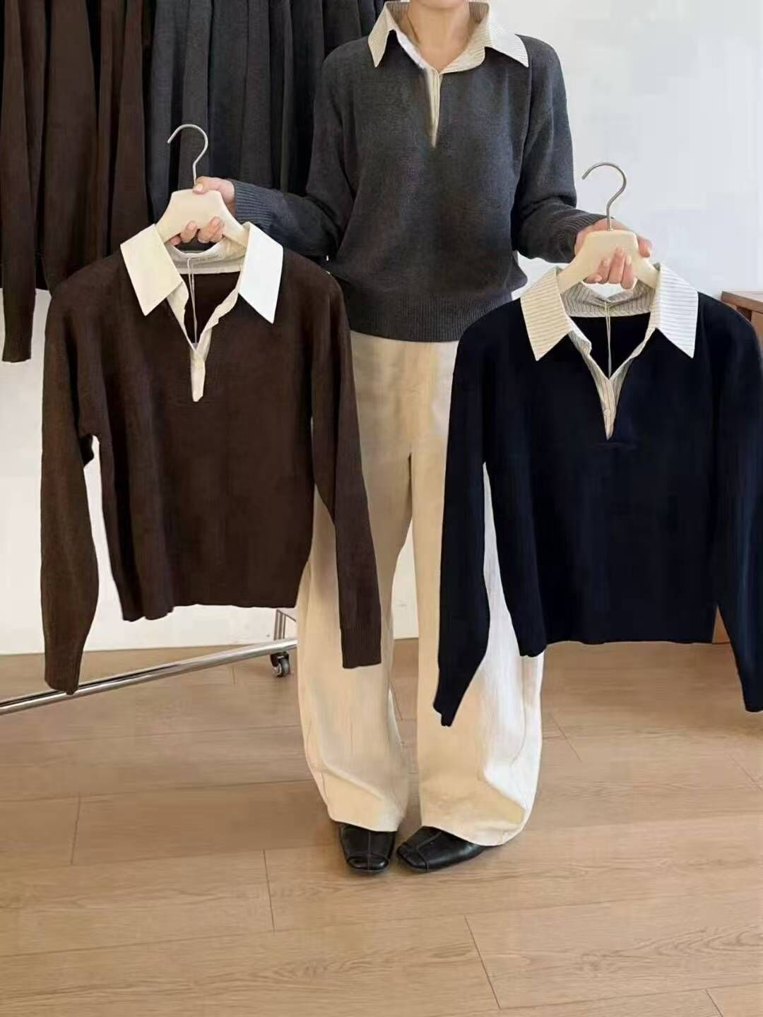 CC10 假兩件反領針織衫