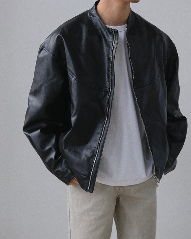 圓領拉鍊合成皮褸 JK2656