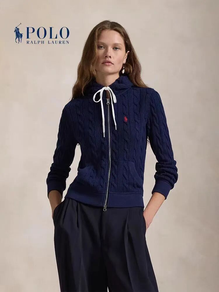 Ralph Lauren 拉鏈 鈕紋針織有帽外套 女款