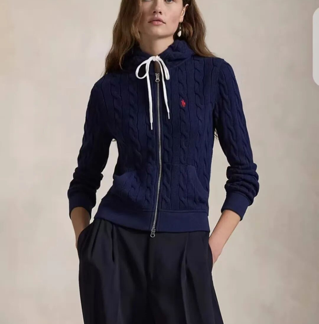 Ralph Lauren 拉鏈 鈕紋針織有帽外套 女款