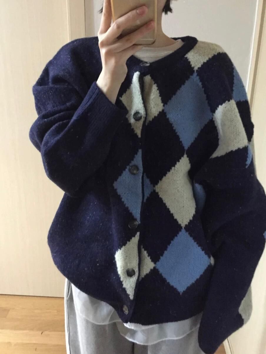 圓領菱格開胸針織外套 JK2558