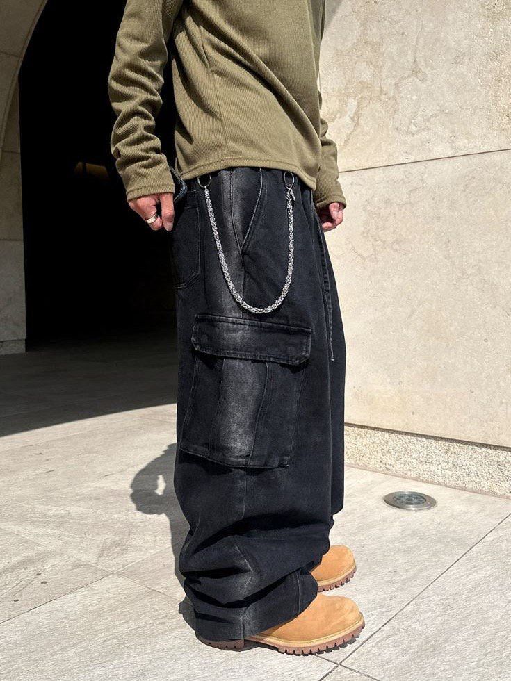 洗水淨色工裝鬆身牛仔褲 MONTH-025P