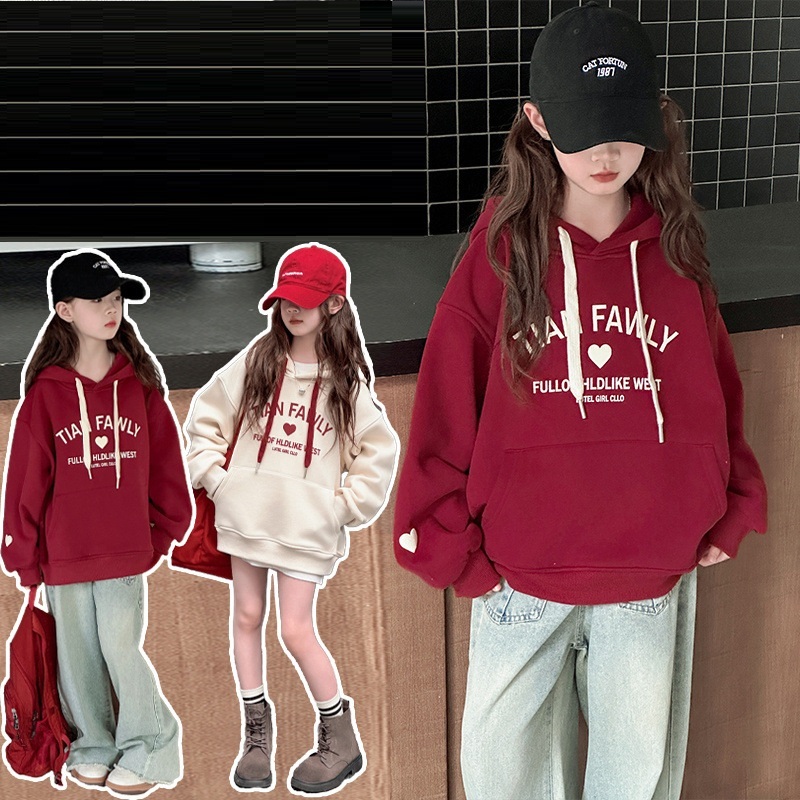 現貨 紅色 170cm 大口袋字母愛心帽 T 2色 120-170cm #QYT