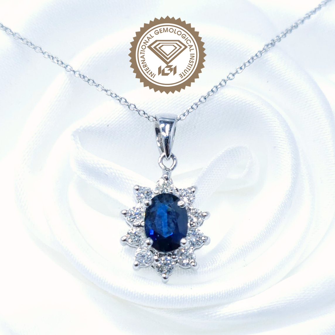 18K White Gold 1.02ct Sapphire and Diamond Pendant