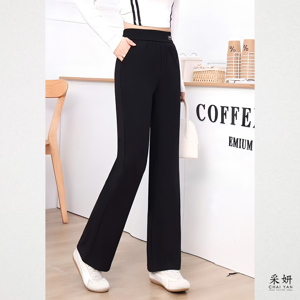 側腰頭字母布標鬆緊腰直筒長褲