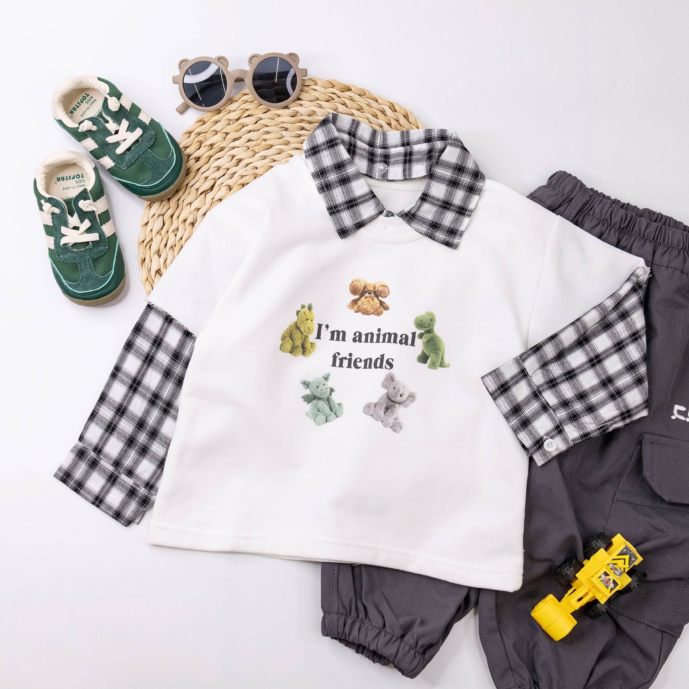 【H55585】動物好朋友格紋拼領假兩件上衣