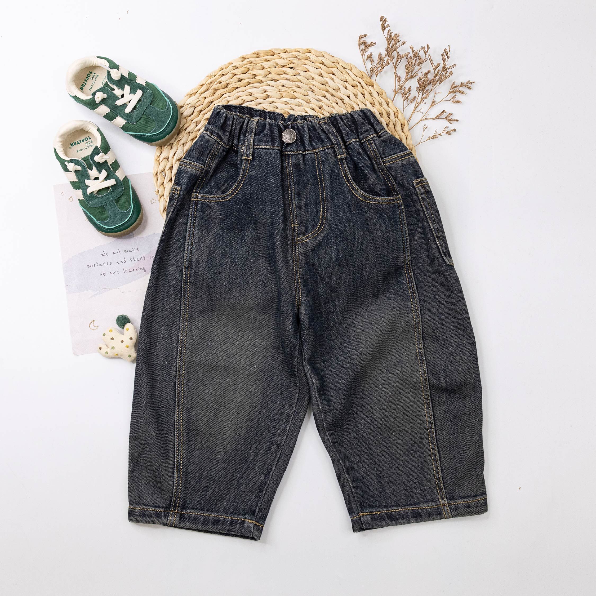 【H55648】質感皮革立體縫線牛仔褲