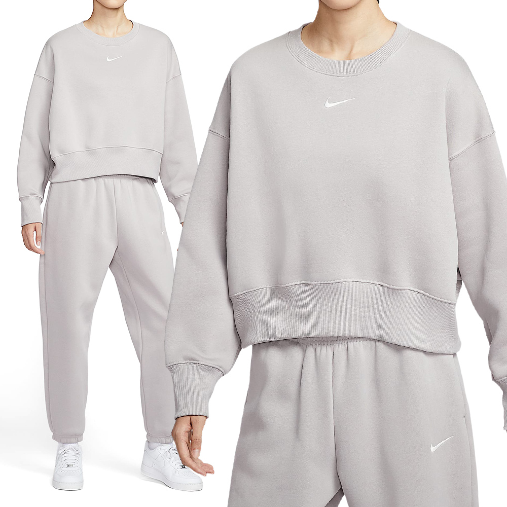 Nike Phnx Flc Oos Crew 女款 灰色 寬鬆 落肩 短版 磨毛 運動 休閒 長袖 DQ5762-009