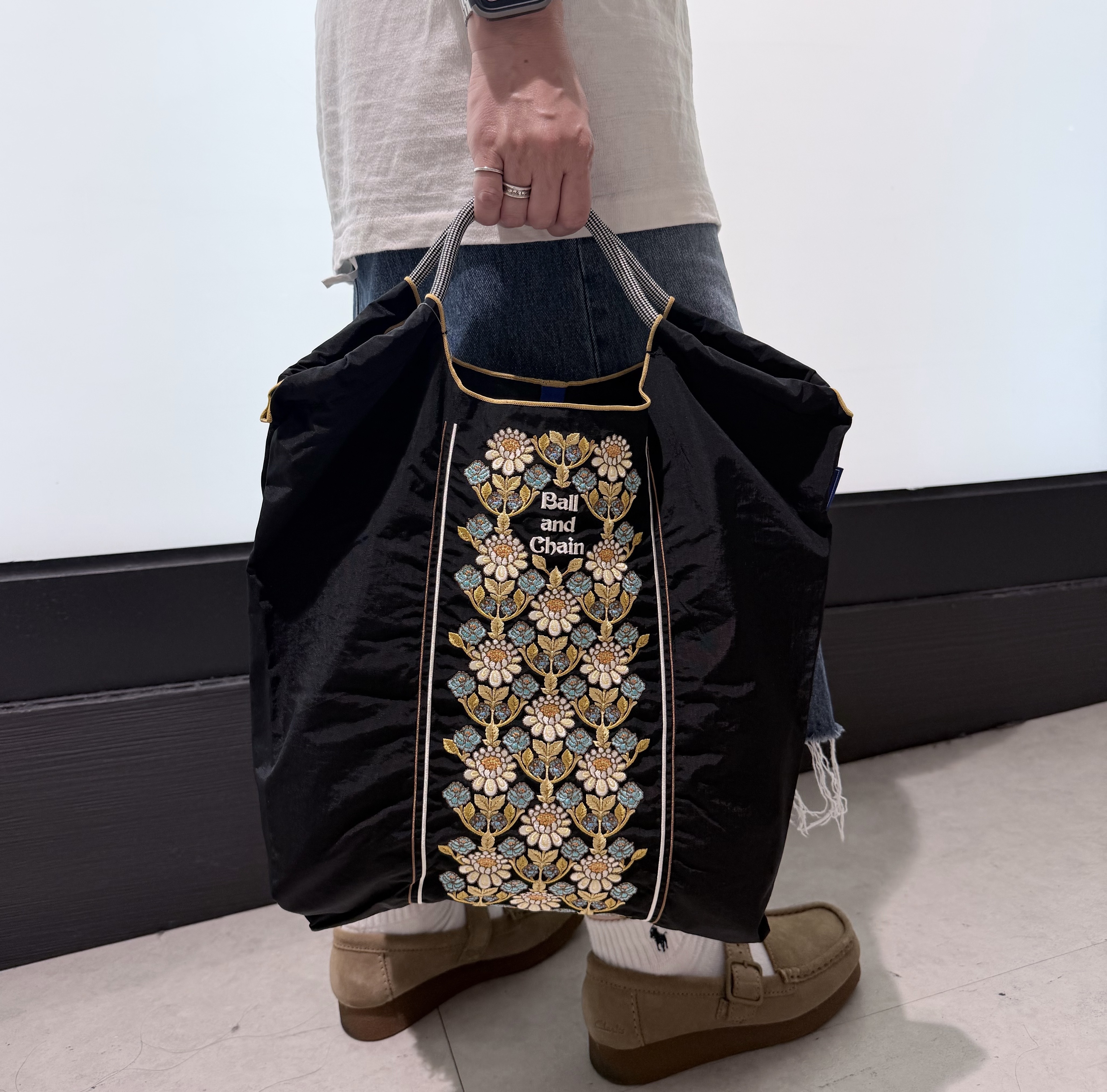 Ball＆Chain 刺繡環保購物袋 M號 - 黑 (30104601)