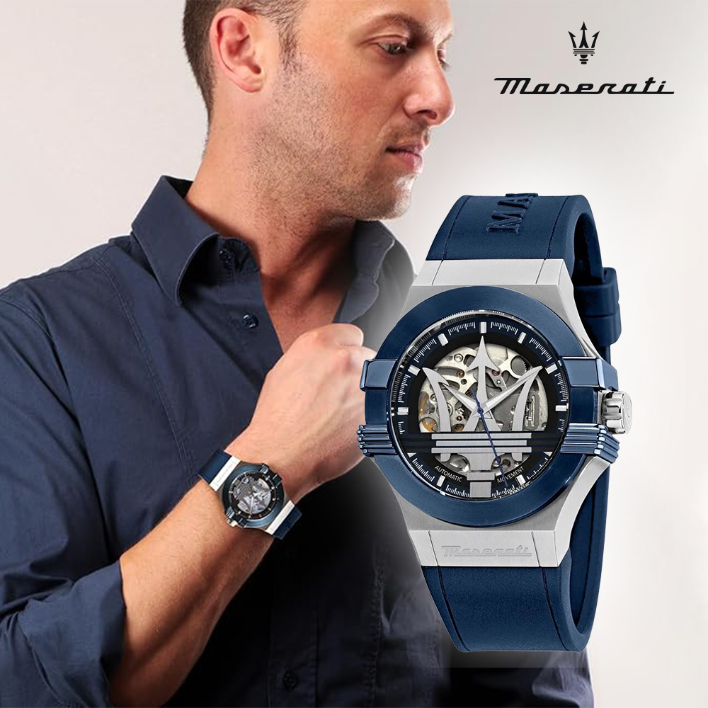 【Maserati瑪莎拉蒂】 Potenza力霸羣雄系列 R8821108050 霧銀藍 鏤空大三叉 夜光手錶