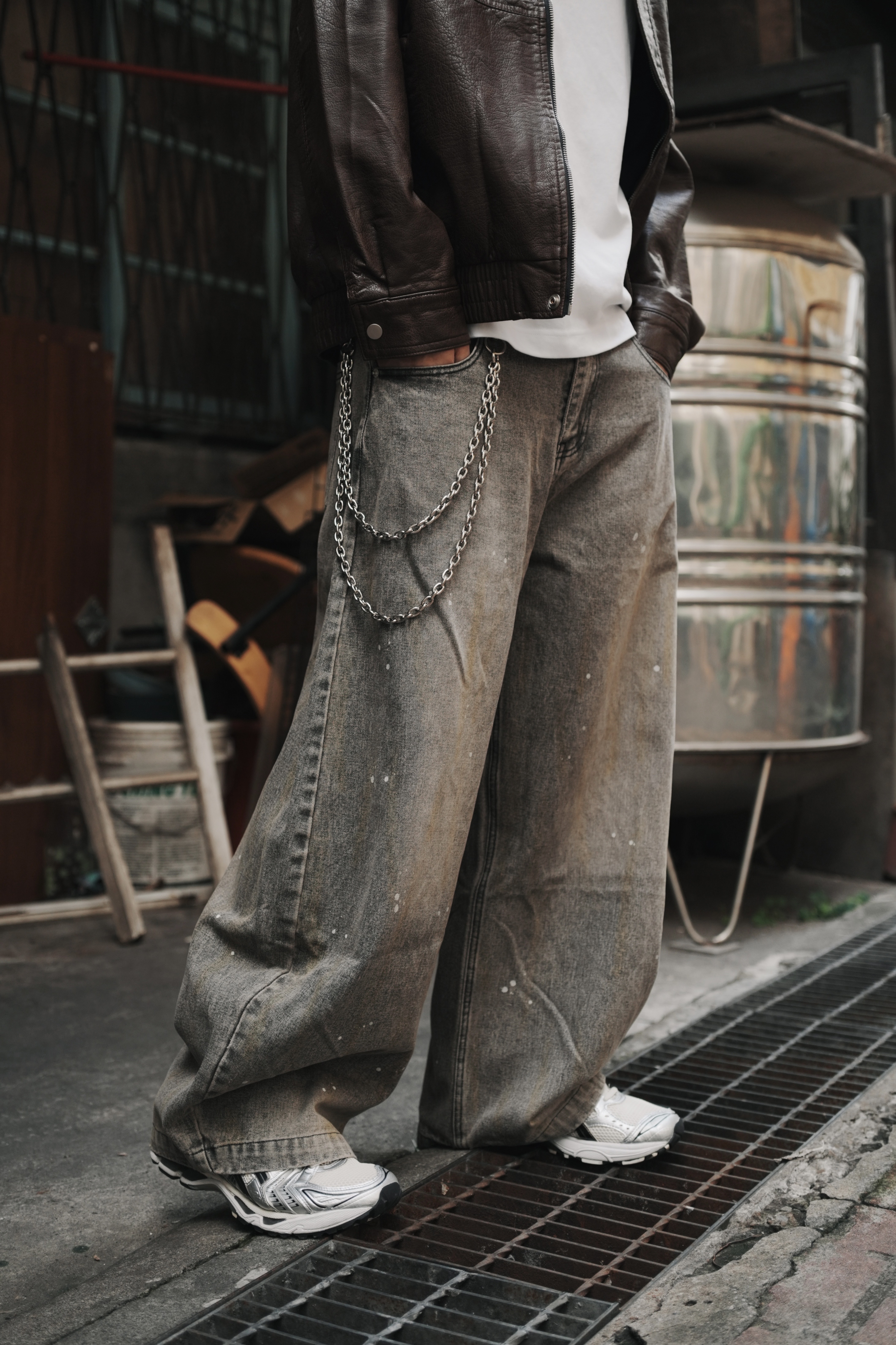 XIN SELECT 潑漆 水洗 彎刀褲 長褲 灰棕