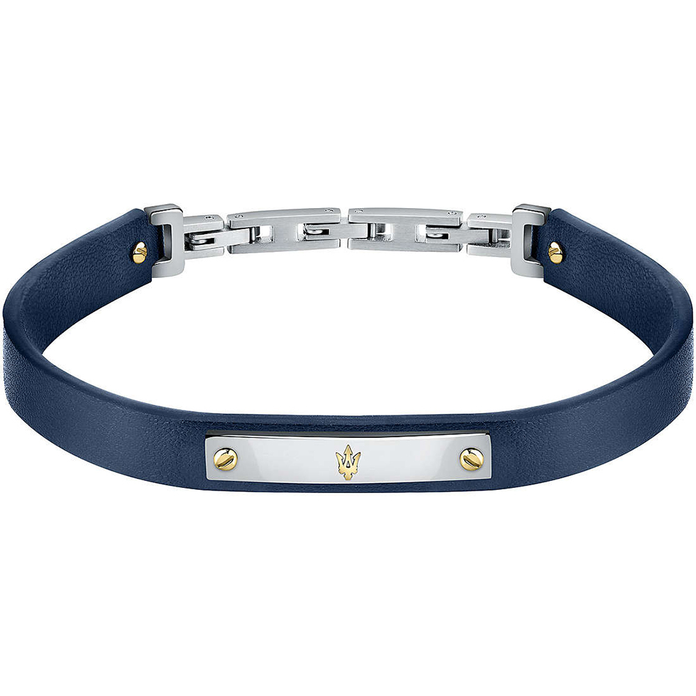 【Maserati 瑪莎拉蒂】 JM222AVE06 銀藍皮手鍊 高質感 牛皮不鏽鋼 飾品 附手鍊盒