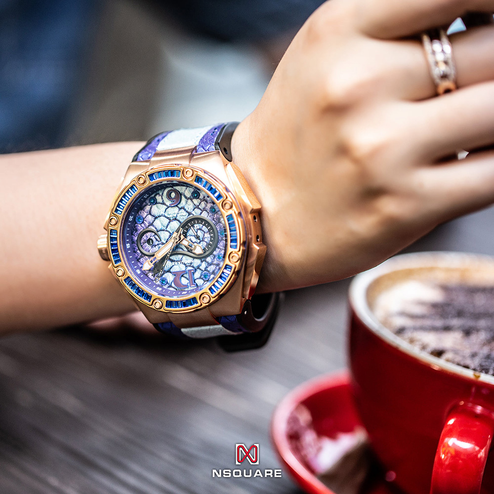 【NSQUARE】蛇后系列 鑲嵌 方形 魅力皇后 紫羅蘭 施華洛世奇水鑽 蛇紋 機械 腕錶 L0471-N11.13