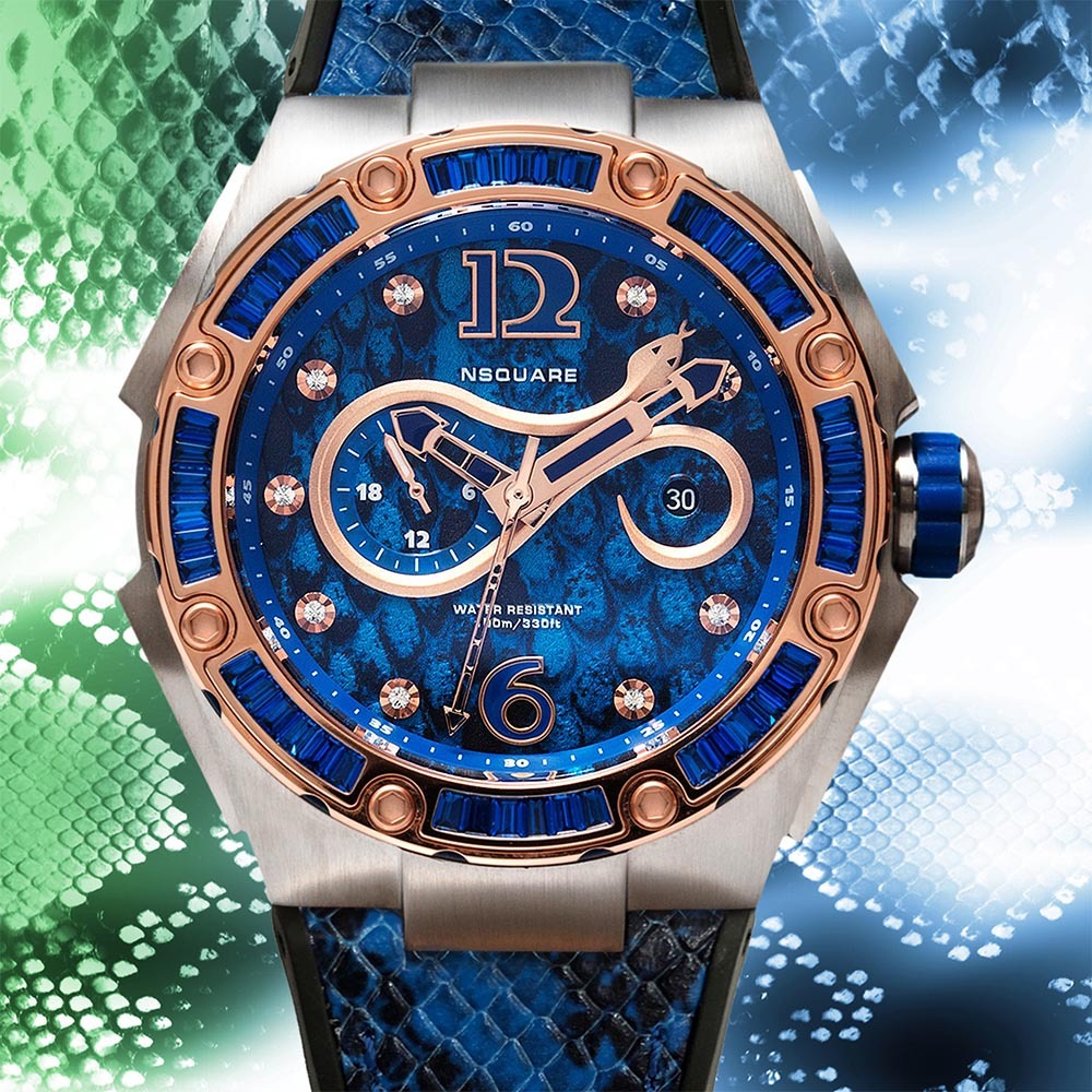 (預購)【NSQUARE】 蛇后系列 魅力皇后 酞菁藍 午夜藍 施華洛世奇水晶 蛇紋 自動 機械 腕錶 L0471-N11.4