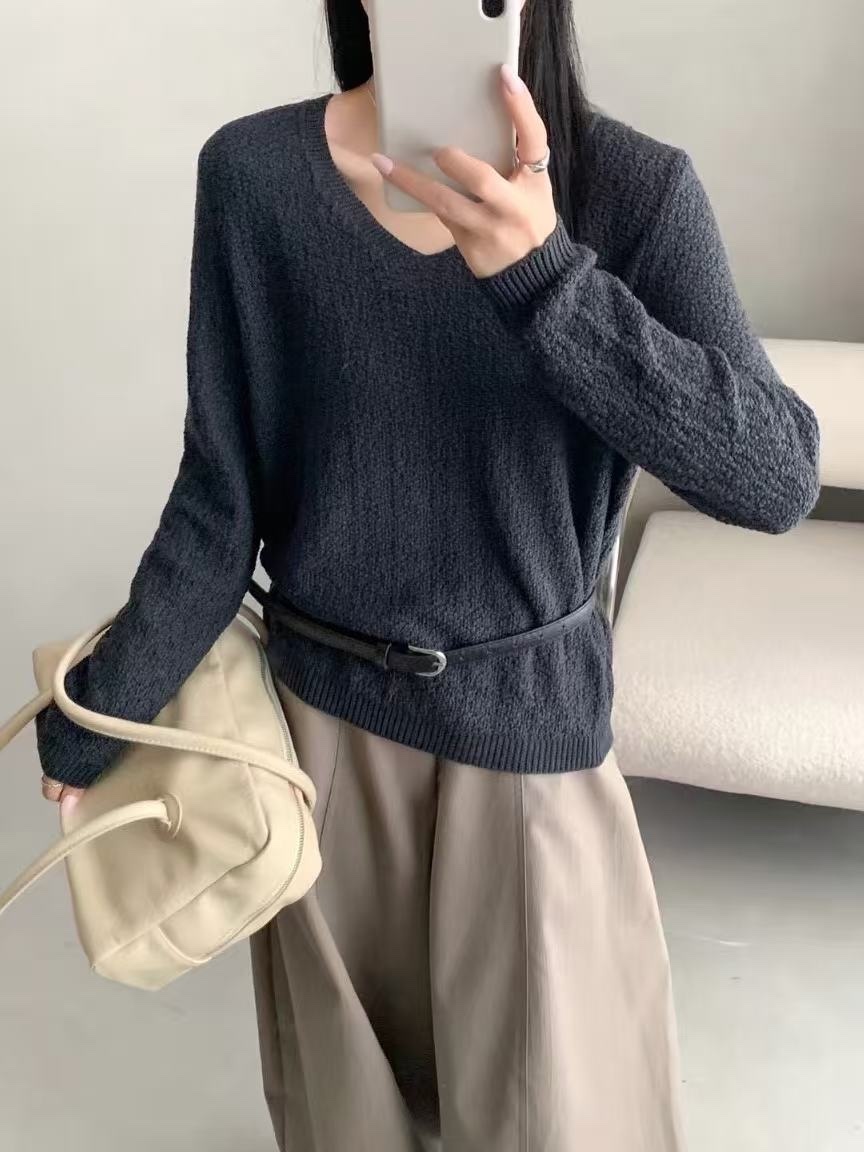 586 V領紋理感毛料針織上衣