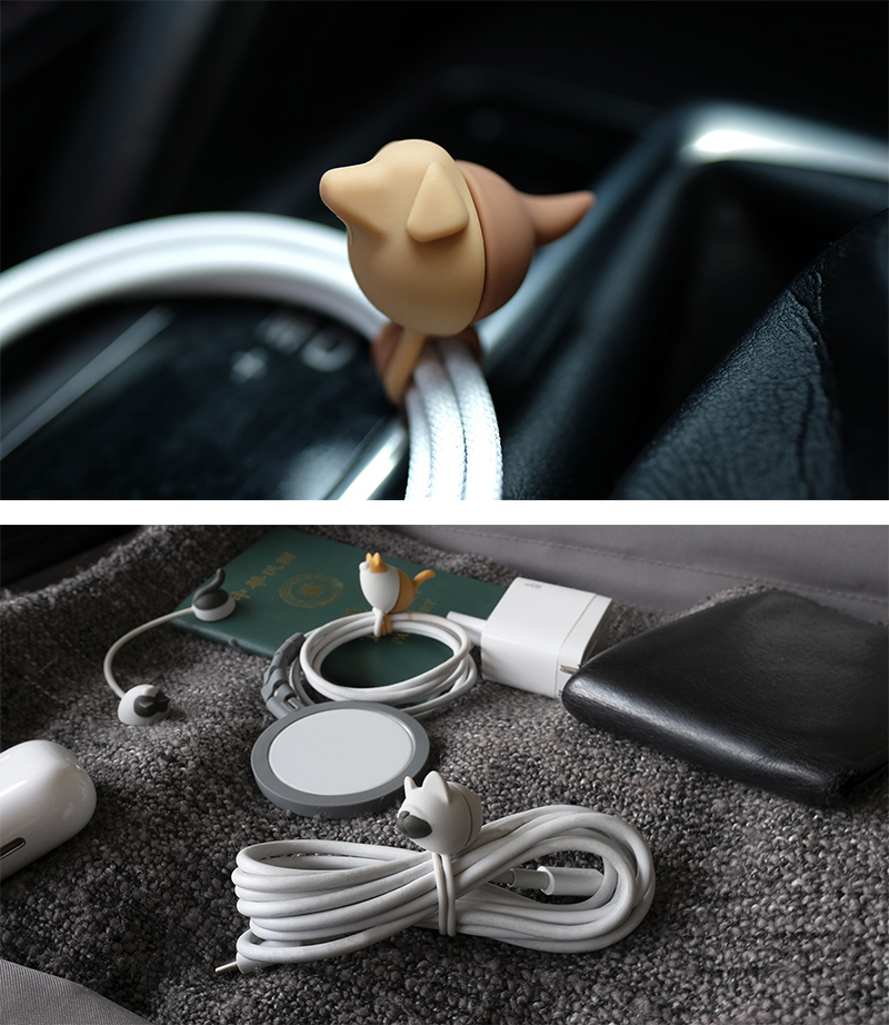 動物收線球生活情境展示。上半圖示範棕色狗狗造型收線球在車內固定充電線的使用方式，下半圖展示貓狗造型收線球收納旅行用品與充電線的畫面，呈現產品在車用與外出場景的整線與收納應用。