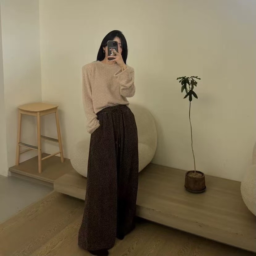 340 正韓鬆弛落地豹紋寬褲