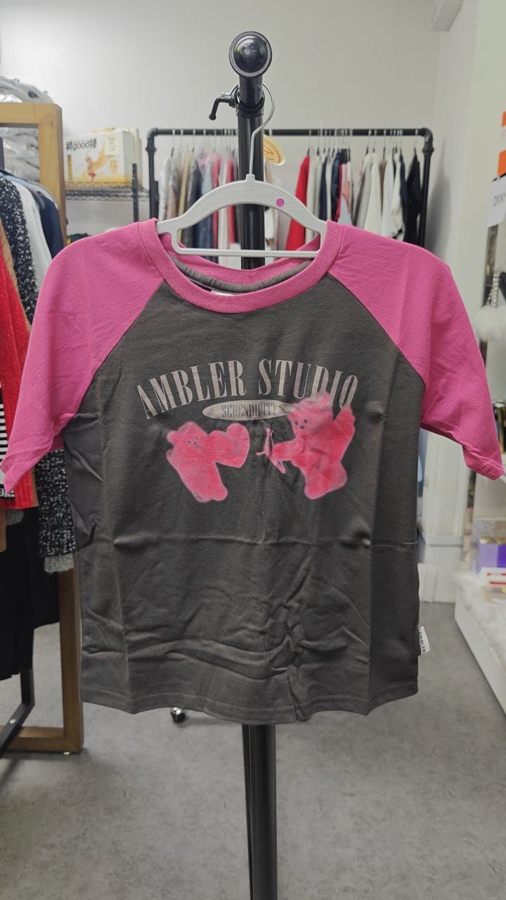 [S] AMBLER BLACK PINK OVER FIT CROP T-SHIRT CUPID BEAR, ACR504 (SMB27)