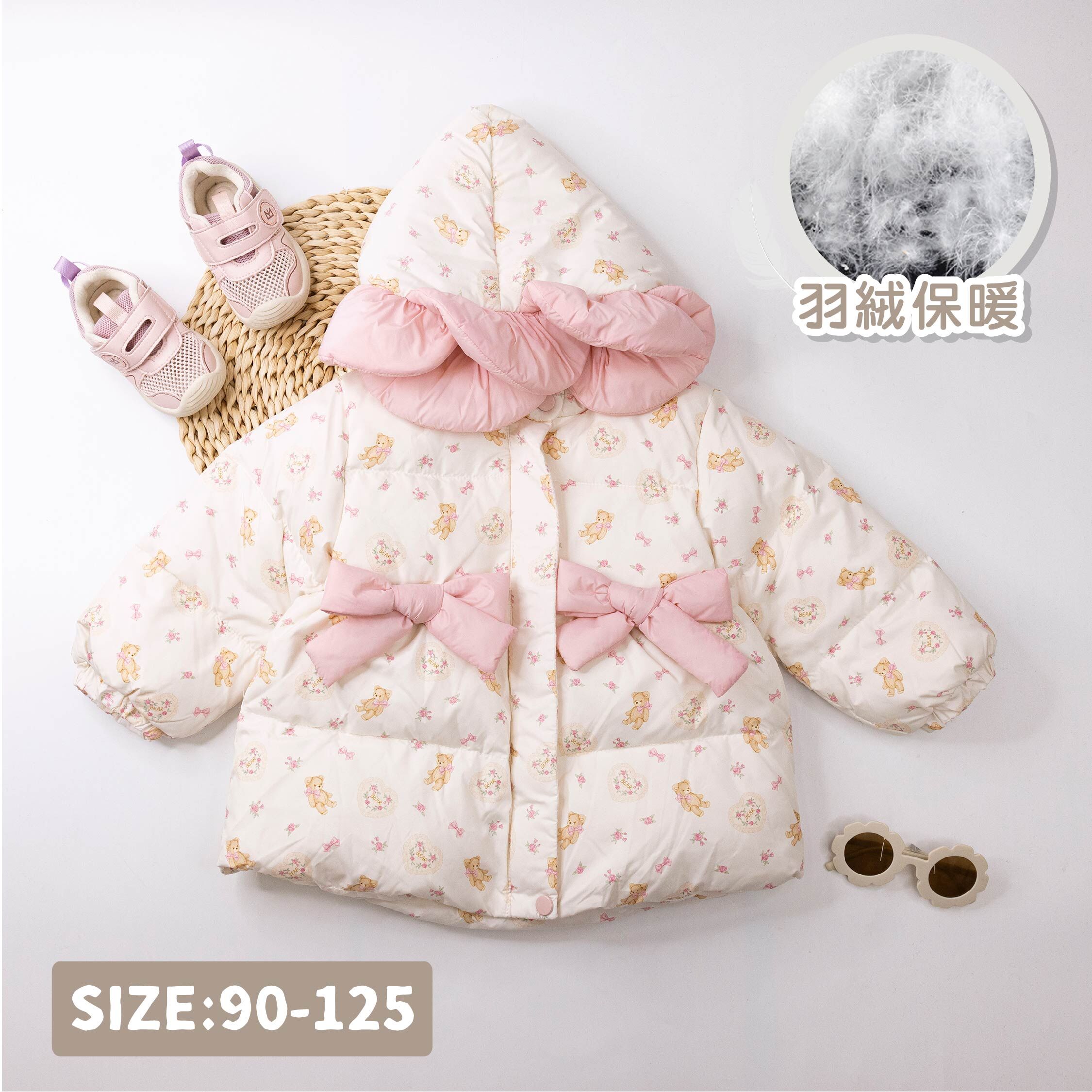 【H55026】浪漫玫瑰熊連帽羽絨外套