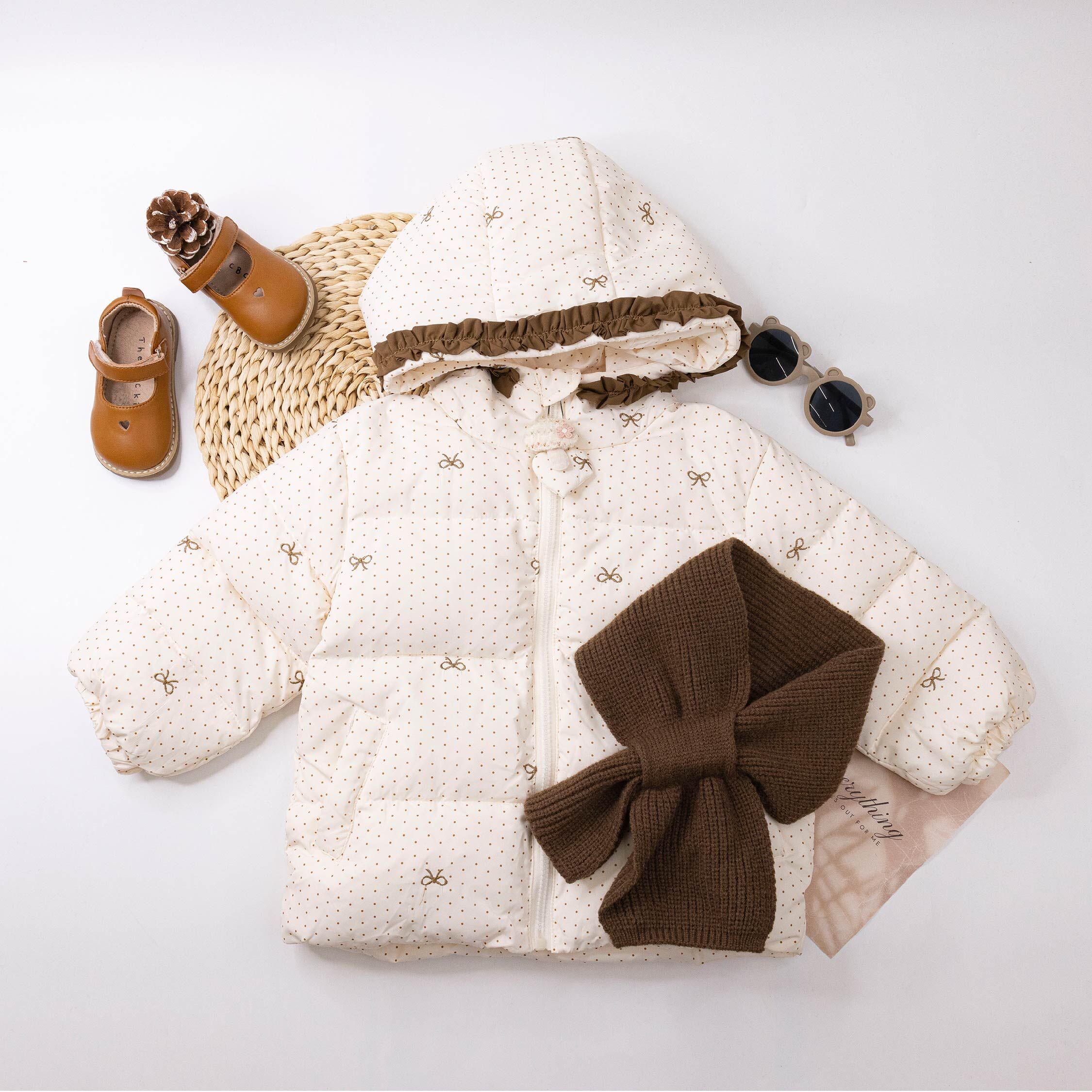 【H55025】可愛點點羽絨外套(附針織圍巾、髮飾)