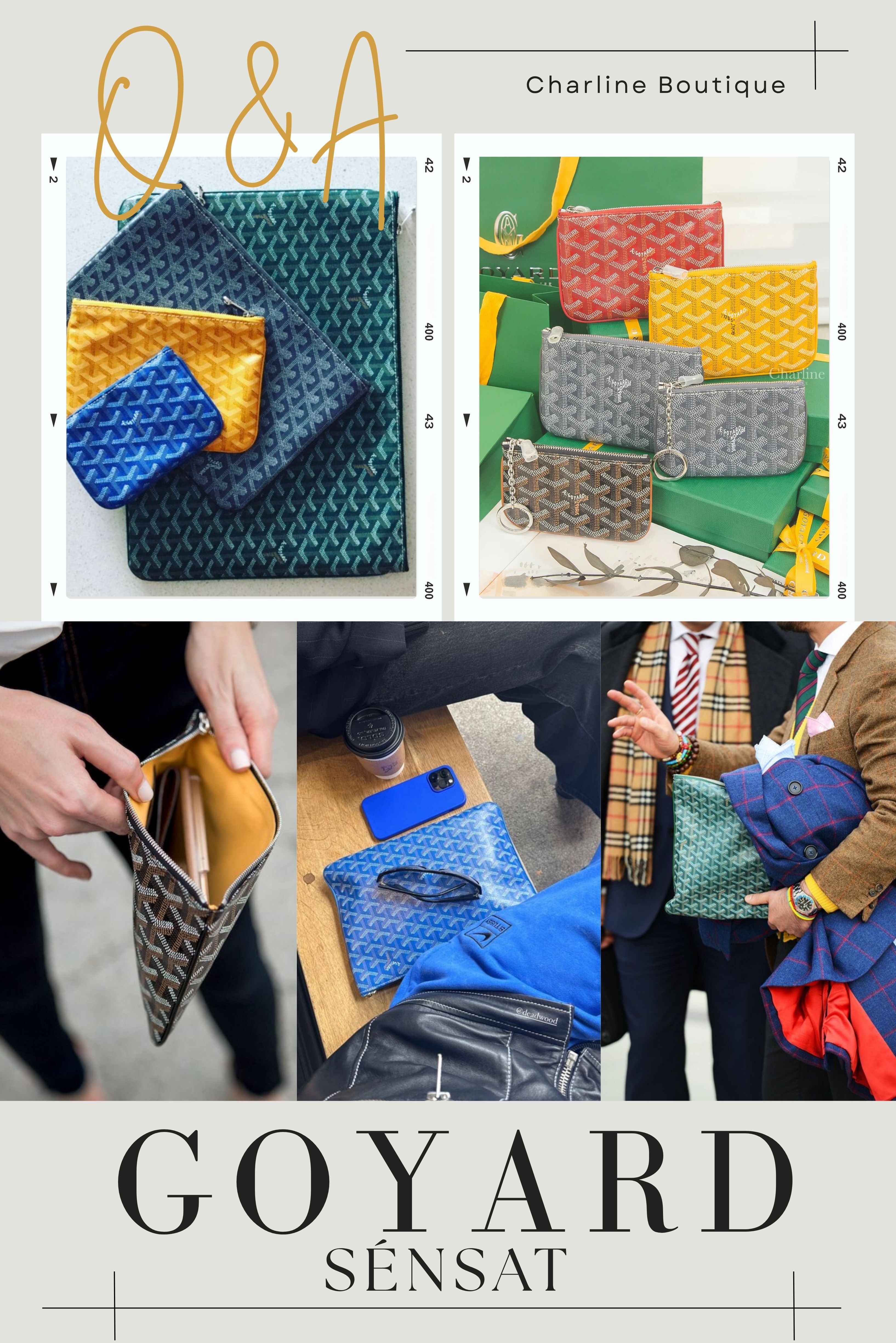 想更了解 Goyard Sénat 系列的實際使用感與挑選重點嗎？以下是 Charline Boutique 根據多年觀察與顧客經驗整理出的常見問題與解答，幫助您在入手前更清楚每個尺寸與款式的差異。一起接著往下看。  Goyard Sénat 系列相關Q&A  Q1：Goyard Sénat 系列尺寸全解析：哪一款最實用？  A：Goyard Sénat 系列共有六種尺寸，從 Nano 到 GM 一應俱全。根據 Charline Boutique 的實際經驗，最受歡迎的是 Sénat MM（30x20cm），可收納 iPad、手機與文件，兼具時尚感與實用性。以下為尺寸參考表：  Nano：約13× 9cm  Mini：約15×10.5cm  PM：約21×14.5cm  MM：約30×20cm  MGM：約36×26cm  GM：約40.5×29cm  其中 MM 尺寸 最百搭、最保值，也最適合通勤與旅行使用。    Q2：Goyard 有哪些推薦的皮夾嗎？ A：Goyard 推薦的皮夾種類相當多元，從輕薄的卡夾到多功能的長夾與 WOC（Wallet on Chain）應有盡有。除了輕巧實用的 Saint Sulpice 卡夾、容量充足的 Victoire 零錢包、可斜背的 Plumet Pocket Wallet 和多夾層的 Richelieu 長夾外，Charline Boutique 的經驗是像 Matignon 拉鍊長夾、Monte-Carlo 信封式長夾 與 Grenelle 摺疊短夾 也深受市場喜愛。這些款式皆以 Goyard 經典塗層帆布與皮質滾邊製成，兼具耐用、防刮與收藏價值，部分款式更支援客製化服務，是精品愛好者入門與收藏的首選。    Q3：Goyard Sénat Mini Pouch 和 Chanel 一字零錢包哪個比較好用？ A：這是 Charline Boutique 很常被客人詢問的問題。根據 Charline Boutique 的經驗來說，Goyard Sénat Mini Pouch 採用塗層帆布搭配皮質滾邊，質地輕盈又耐用；相較之下，Chanel 零錢包 以柔軟皮革為主，設計經典、觸感更細緻，但厚度略高一些。兩款零錢包的容量都相當實用，可輕鬆放入口紅、小香水等隨身小物，而且收納安全度都非常高。    Q4：Goyard 小皮件的顏色選擇有哪些？ A：根據 Charline Boutique 的收藏與市場經驗，Goyard 的小皮件共有約 11 種經典配色，最受歡迎的包括 黑色（Noir）、黑棕色（Noir et Naturel）、海軍藍（Navy Blue）、酒紅（Burgundy）、綠色（Green）與橙色（Orange） 等。除此之外，品牌每年都會推出不同的 季節限定色 —— 例如 2025 年限定色 Iris（鳶尾紫）與 Fuchsia（玫瑰粉），以柔和與亮眼色調結合經典老花花紋，成為收藏家間的焦點。其中經典黑與酒紅最具保值性，而 季節限定亮色 則最能展現個人風格，如果想兼顧實搭與時尚感，海軍藍與今年的鳶尾紫都是非常值得入手的選擇。    Q5：Goyard Sénat 和 LV Pochette 哪個好用？  A：這兩款人氣包型各有擁護者，選擇關鍵在於使用需求與生活風格。根據 Charline Boutique 的經驗分享，Goyard Sénat 以輕盈、防刮的塗層帆布與皮質滾邊聞名，耐用又低調，還能提供客製化手繪服務，是許多客人喜愛的實用選擇。它特別適合需要輕便收納文件、平板或旅行用品的人士，風格簡約且質感出眾。另一方面，LV Pochette（通常指 Pochette Accessoires） 以經典 Monogram 帆布與多功能設計著稱，可作為手拿包、晚宴包，或加鍊條變成斜背包與肩背包。它的收納空間剛好能放下手機、錢包與鑰匙，兼具時尚與實用性，特別適合喜歡品牌辨識度與高調設計的族群。  Charline Boutique 覺得，若您重視輕盈、低調與個人化風格，Goyard Sénat 會更適合日常通勤與差旅使用；但若想要一款能在各種場合切換、展現經典時尚感的包款，LV Pochette 無疑更實搭也更具造型感。   Q6：Goyard Sénat 有適合男生用的嗎？ A：當然有！根據 Charline Boutique 的經驗分享，Goyard Sénat 系列中 PM、MM、MGM 與 GM 尺寸 都非常適合男性使用。這幾個尺寸收納空間充足，可放入文件、iPad 或筆電，外型俐落又不浮誇，深受商務人士與時尚男士喜愛。尤其是 MGM 尺寸（36x26cm） 與 GM 尺寸（40.5x29cm），搭配西裝或簡約休閒風都很有氣勢，選擇 Goyard 取代傳統公事包，不僅輕便耐用，還能展現低調奢華的質感品味。    Q7：有推薦萬元左右的錢包品牌嗎？  A：有的！根據 Charline Boutique 的收藏與市場經驗，萬元左右可入手不少的精品錢包，如 Goyard Saint Sulpice 卡夾、Louis Vuitton Victorine Wallet、Prada Saffiano 卡夾 或 Celine Triomphe 小皮件。這些品牌兼具實用與設計感，其中 Goyard 低調耐用、LV 經典百搭，Prada 和 Celine 則更年輕時髦，都是小資族入門精品的好選擇。    Q8：Goyard 什麼包款最熱門？ A：最受歡迎的 Goyard 包款依然是經典的 Saint Louis 托特包，以輕盈、防水、容量大著稱，是日常與旅行都實用的入門首選。其次是結構更挺、帶拉鍊的 Artois 托特包，以及可當文件包或手拿包的 Sénat 系列。此外，Anjou 雙面托特包 與 Belvédère 斜背包 也因兼具實用與時髦感而人氣上升。Charline Boutique 自己覺得，Saint Louis 是最能代表 Goyard 精神、且永不退流行的經典款。    Q9：Goyard有男包嗎？推薦哪款？ A：有的！Goyard 的多數包款設計偏中性，非常適合男生使用。根據 Charline Boutique 的經驗分享，品牌推出的男包選擇相當多元，可依不同用途挑選理想款式：  💼 商務場合推薦：Ambassade 公事包 是最經典的男士包款，可容納 A4 文件與筆電，外型俐落專業。    🎒 休閒與旅行推薦：Alpin 後背包 外型挺拔、容量大，適合短途出行；Saint Léger 折疊背包 輕便可摺疊，旅行、通勤都實用。    🧳 日常通勤與都會風推薦：Belvédère 斜背包 採翻蓋磁扣設計，拿取方便；Cisalpin 後背包 硬挺有型，可收筆電與文件。    👜 中性百搭款推薦：Saint Louis 托特包 與 Anjou 系列 兼具輕盈與容量，是許多男士週末與通勤的首選。  整體來說，Goyard 的男包兼具實用性與時尚感。塗層帆布輕盈、防水又耐用，適合長時間攜帶；而客製化手繪服務則能展現個人風格，讓每一個包都成為獨一無二的精品。    Q10：Goyard 很難買嗎？ A：的確如此。根據 Charline Boutique 的觀察與多年經驗，Goyard 一直採取「低調限量」的品牌策略，不設官方線上商店，也不主動鋪貨到大型電商平台。許多熱門款式如 Saint Louis 托特包、Sénat 手拿包 與 Saint Sulpice 卡夾 經常一上架就售罄，部分限定色或客製化款甚至需要等待數週至數月。若想更順利找到心儀款式，建議可透過具備精品採購經驗的專業顧問協助查詢現貨或預定資訊，不僅能節省時間，也能掌握最新配貨動態。Charline Boutique 自己覺得，正因品牌維持稀有與客製特色，才讓 Goyard 在精品市場始終保持高度熱度與收藏價值。