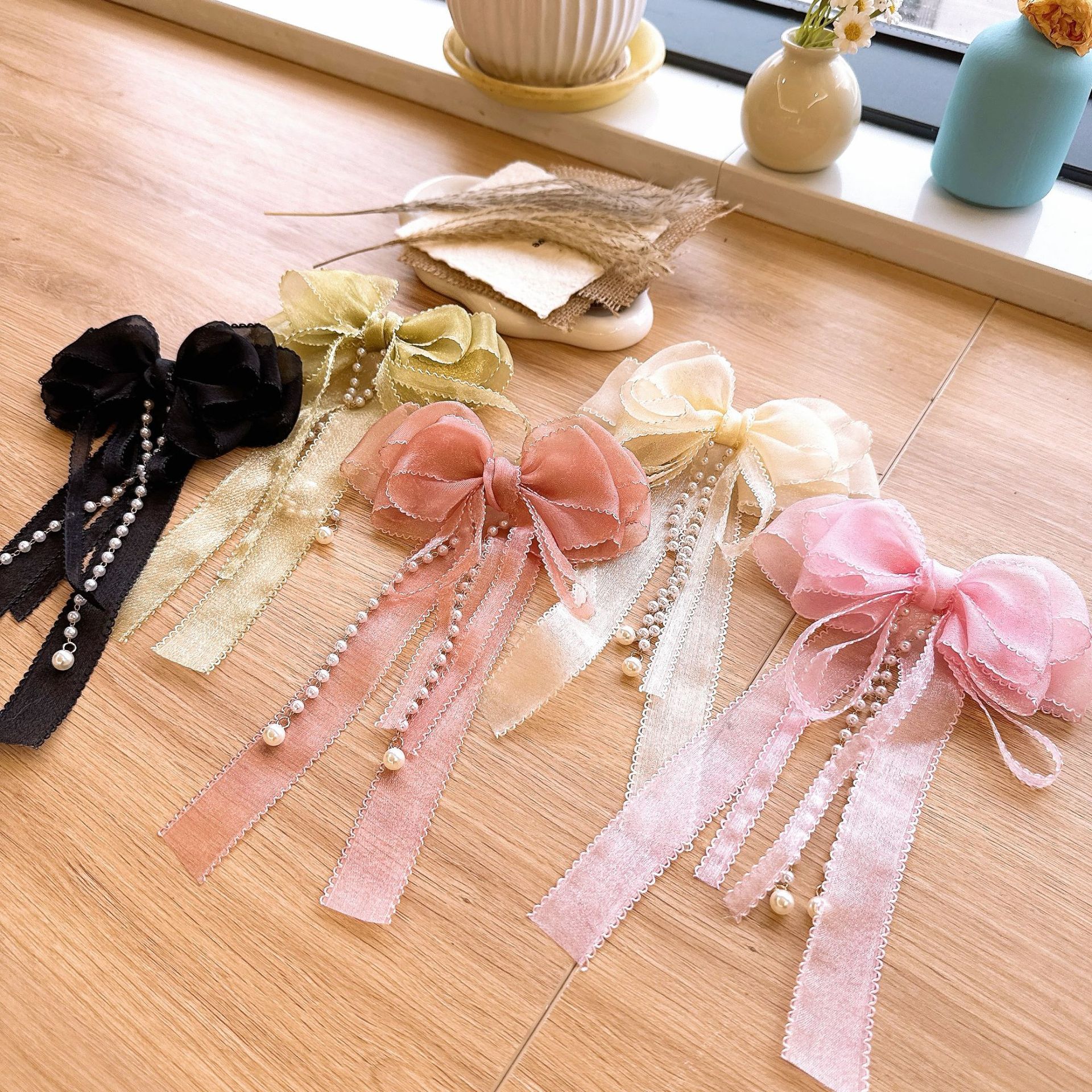 Fairy Pearl Tassel Iridescent Ribbon Bow