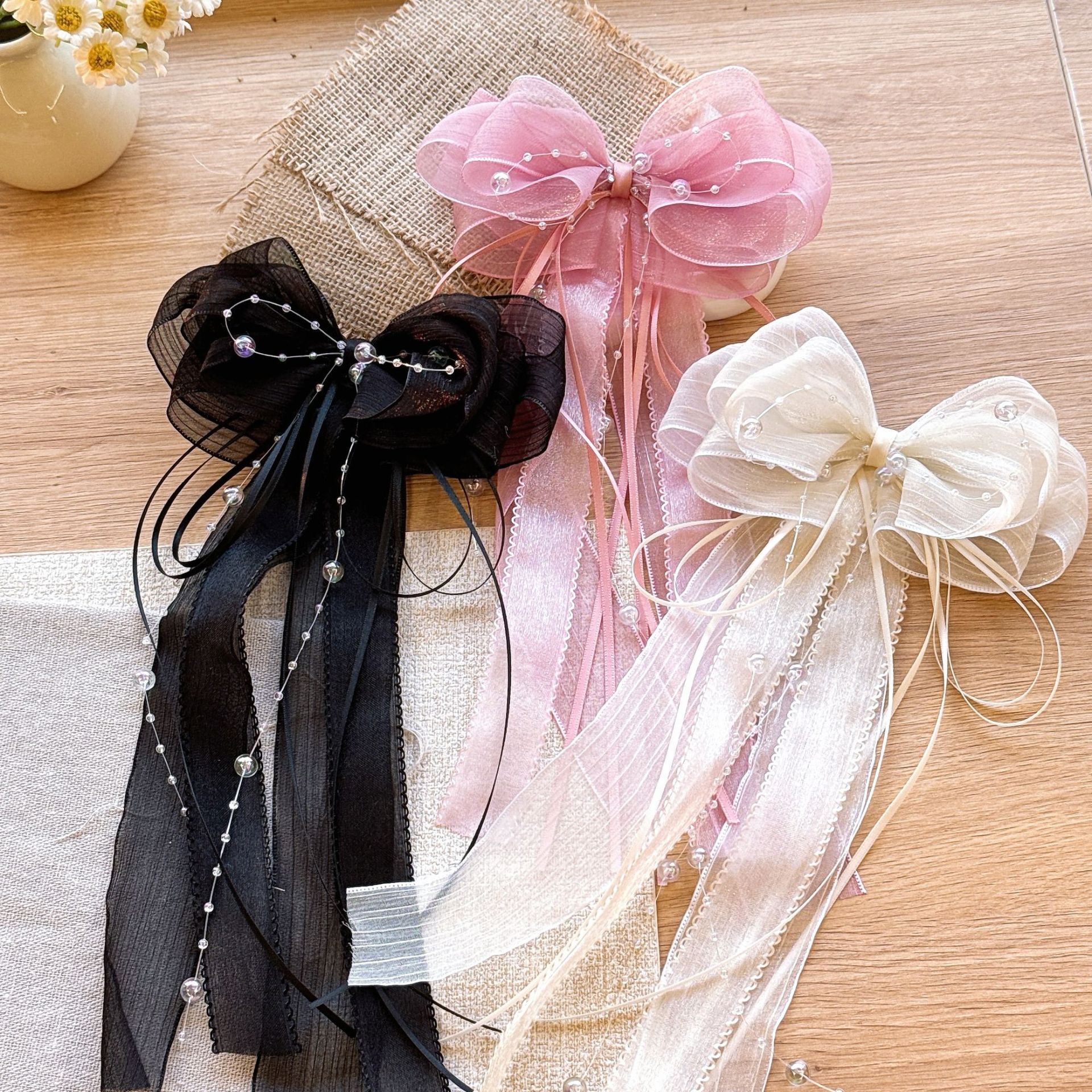 Fairy Pearl Mesh Tassel Ribbon Bow