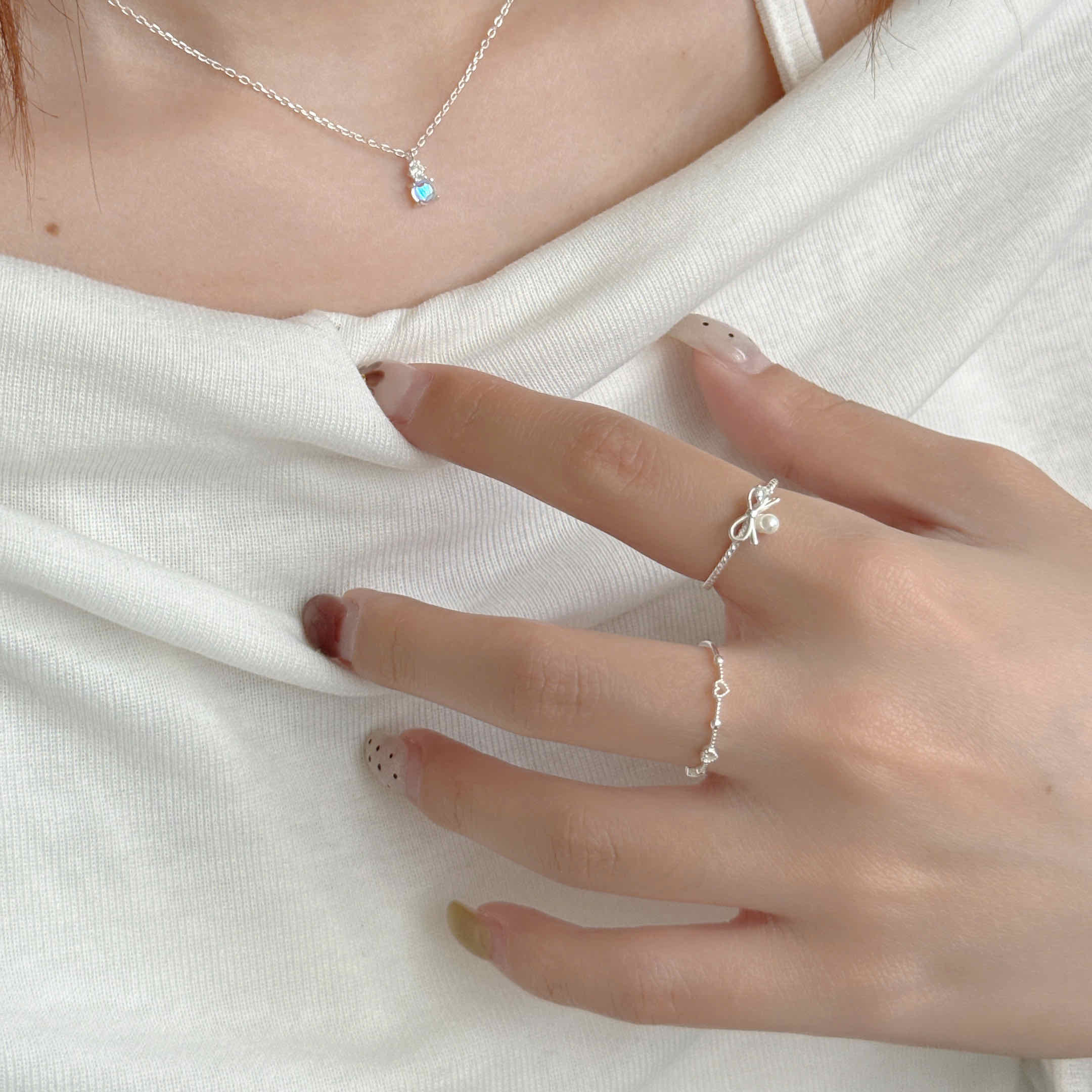 🇰🇷925 silver 花邊愛心珠珠細戒