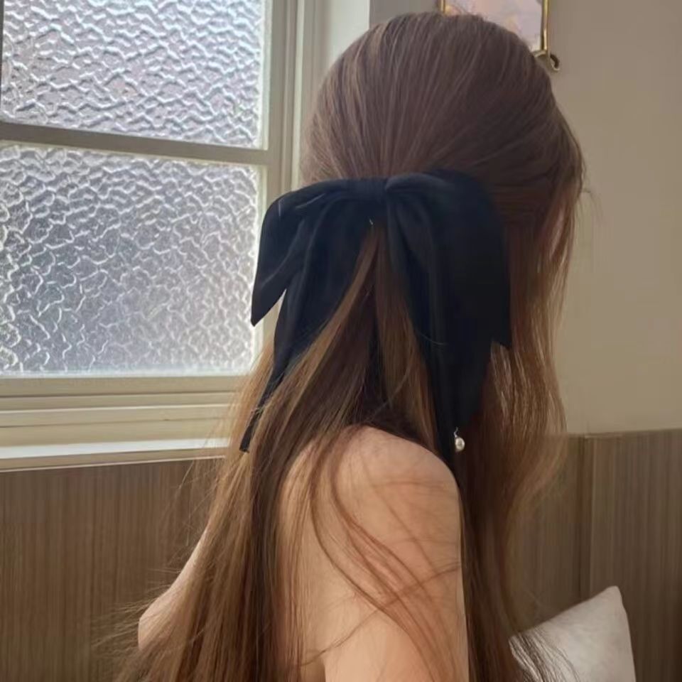 Black Satin Pearl Ribbon Bow