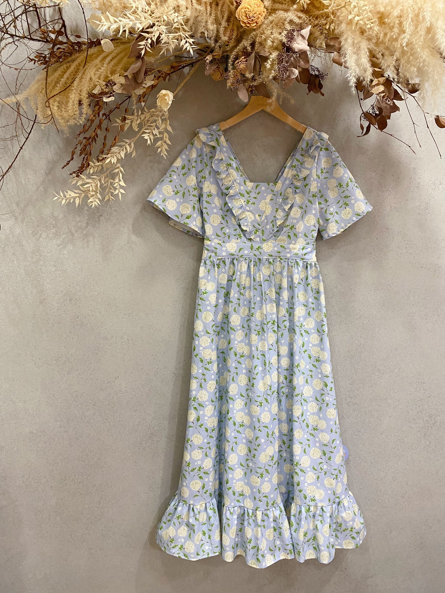 水藍繡球花 甜心短袖長洋裝(S)