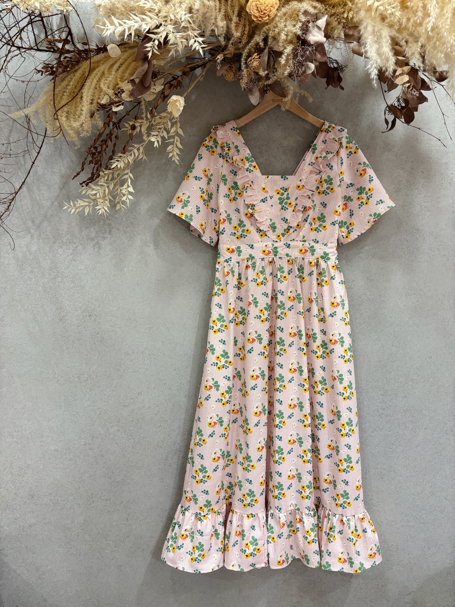 條紋粉玫瑰 甜心短袖長洋裝(S)