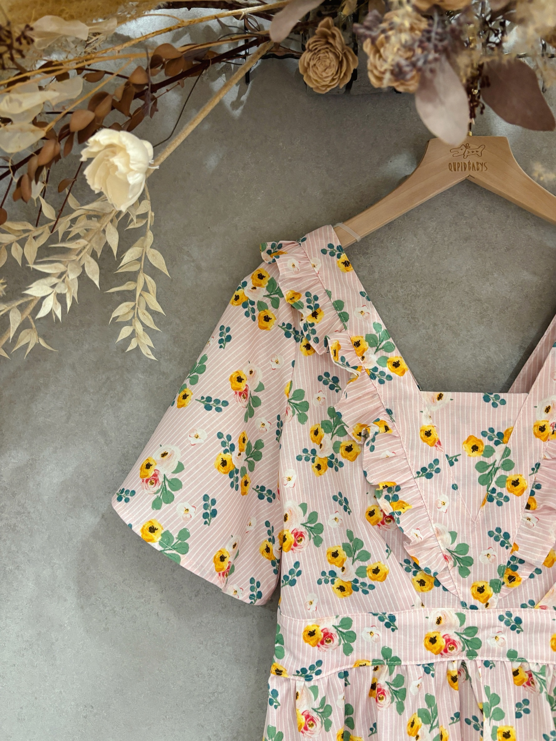 條紋粉玫瑰 甜心短袖長洋裝(S)