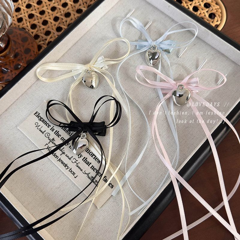 [2 PAIRS FOR RM10] Cute Silver Heart Side Ribbon Bow