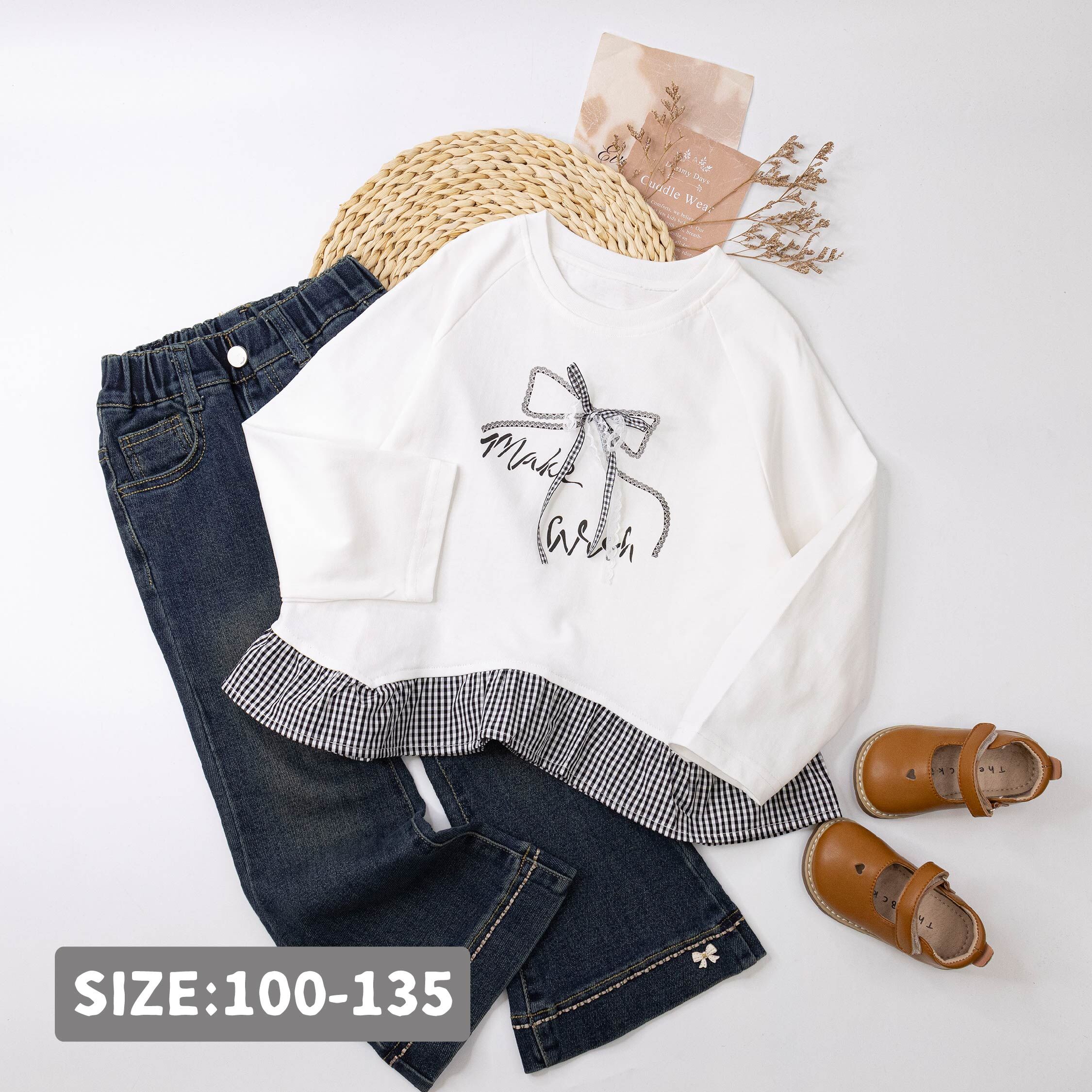 【H55645】甜美蝴蝶結經典黑白格拼接上衣