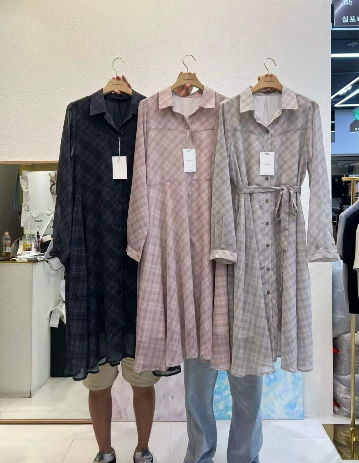 SY5112 格紋Polo領排扣綁帶連身裙