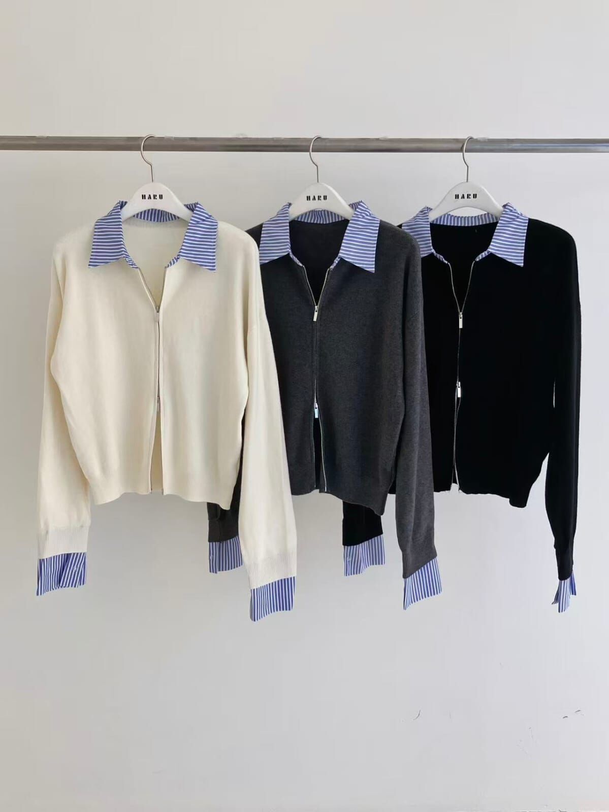 HU5106 假兩件間條Polo領拉鏈上衣