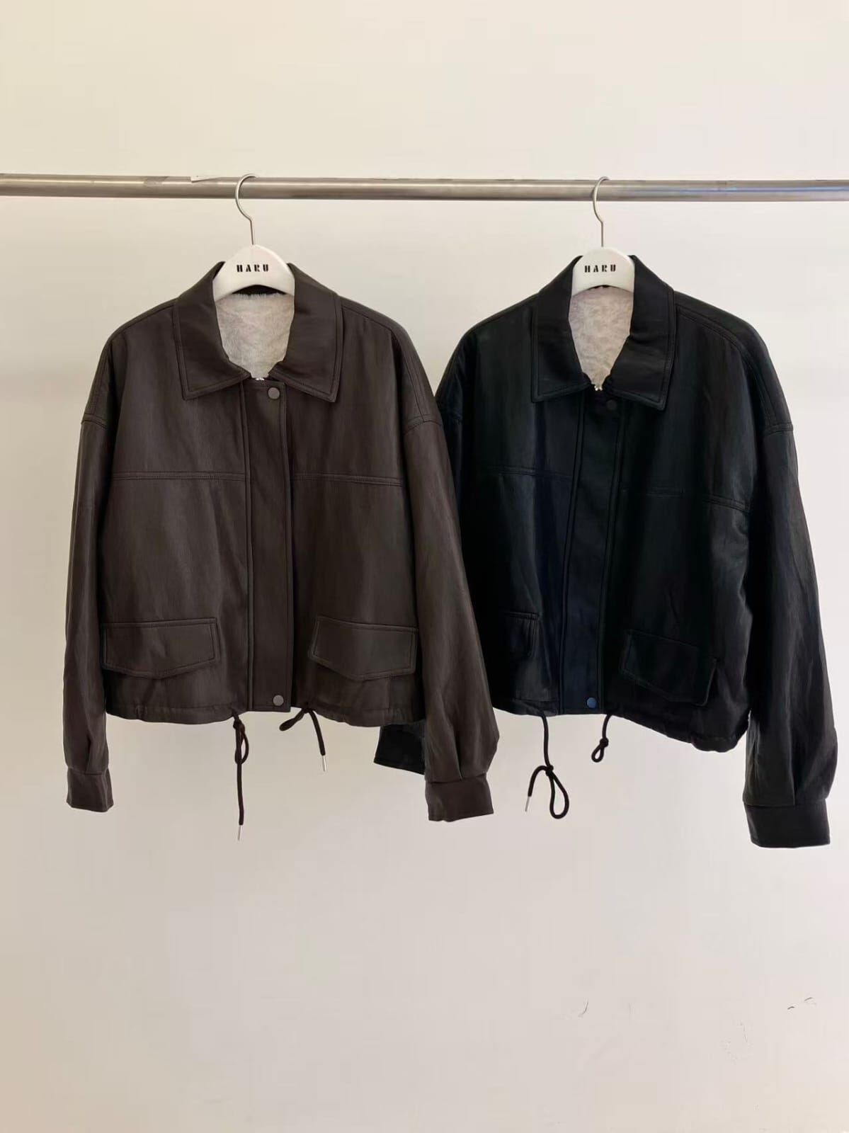 HU5109 束腰Polo領毛毛內裡拉鏈皮外套