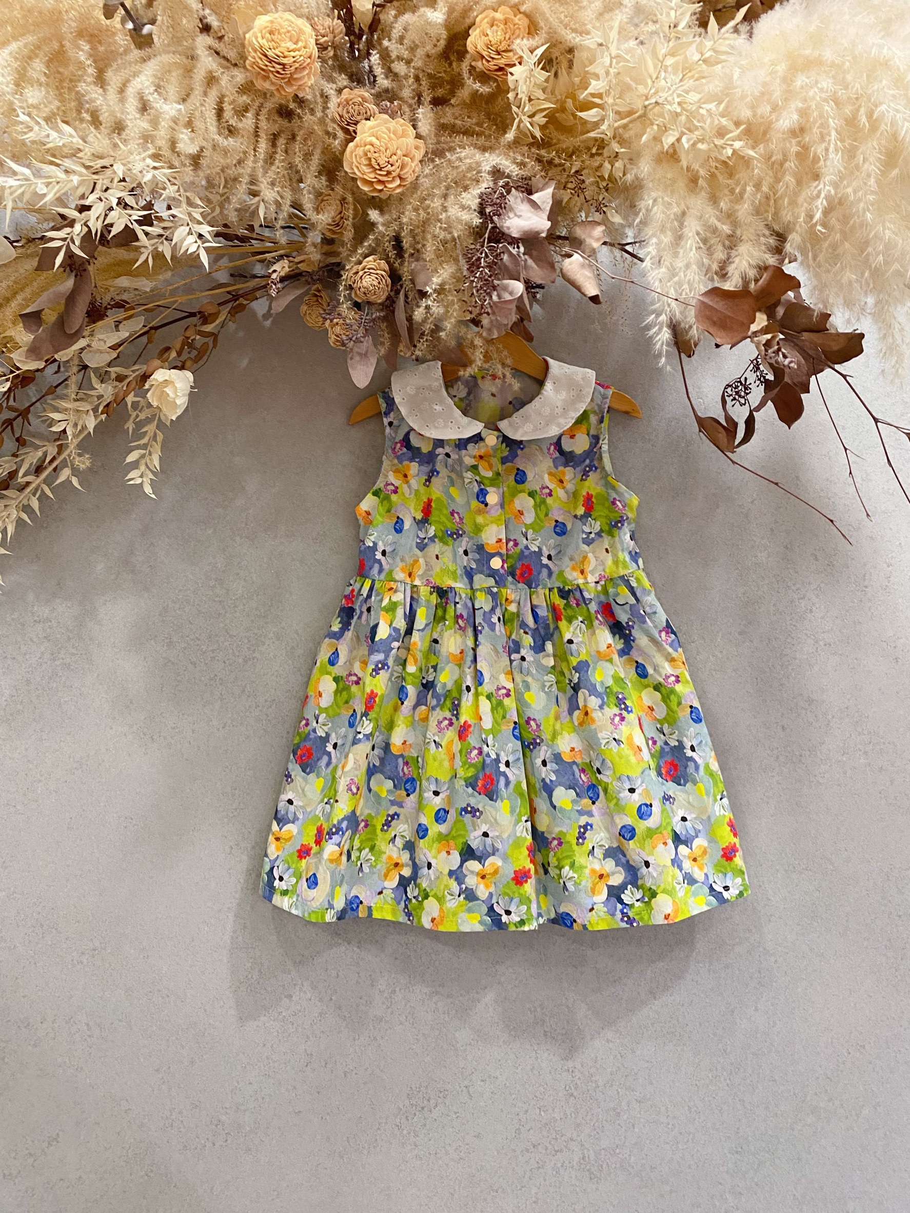 綠油畫花卉 領口洋裝（120）