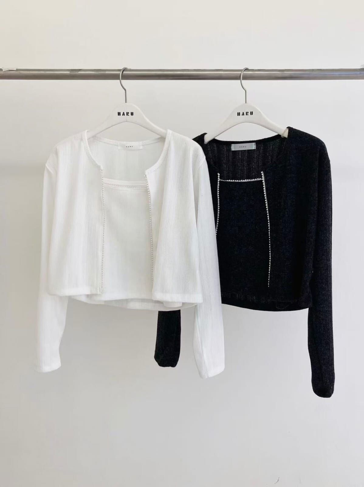 HU5112 假兩件方領短版長袖上衣