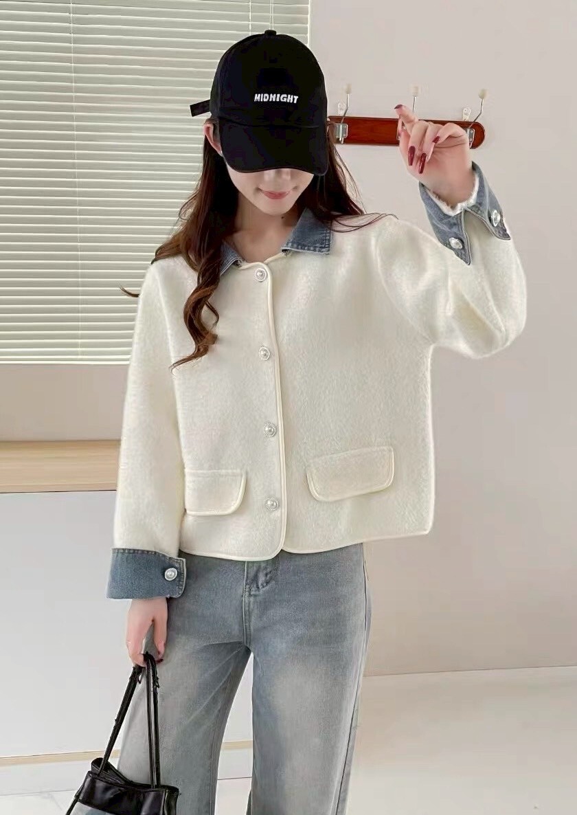 拼接牛仔領水貂毛外套