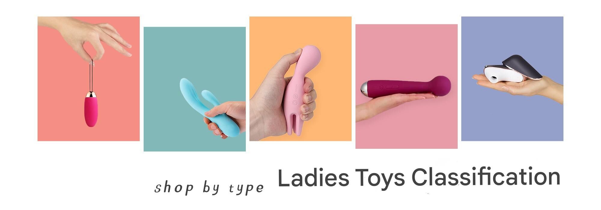 There are 5 different colored grids with different female masturbation toys inside, such as pink wireless vibrator eggs, blue dual head vibrator sticks, pink and bright red AV sticks, and white clitoral suction devices.