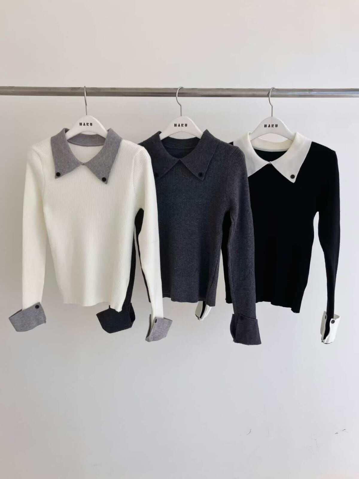 HU5126 假兩件撞色翻領針織上衣