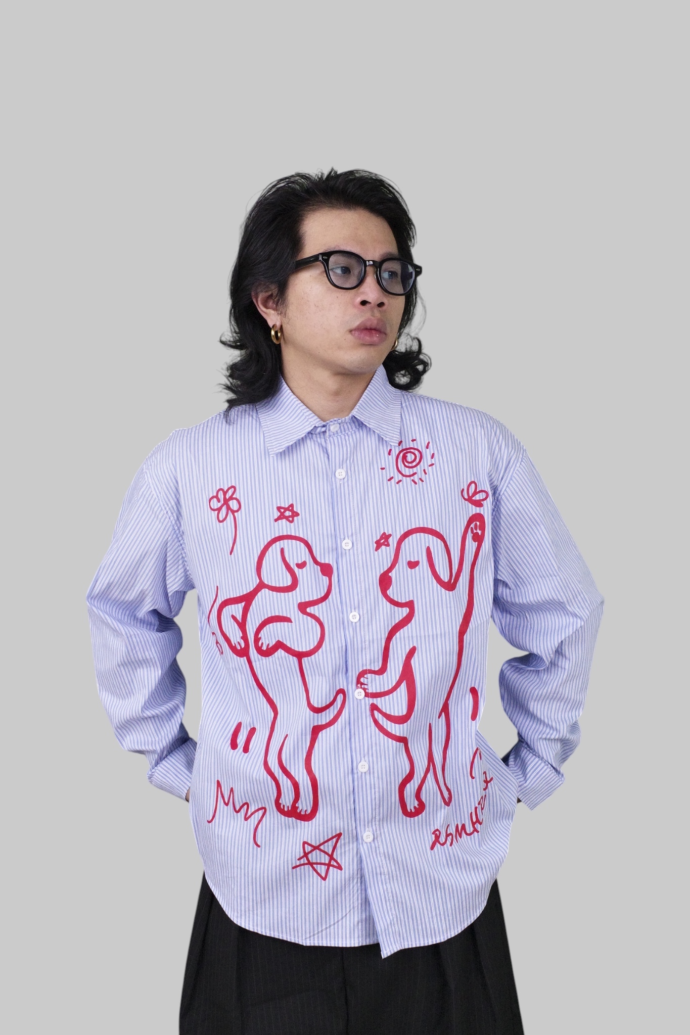 『Always_Good』手繪 跳舞小狗 直條紋 長袖襯衫