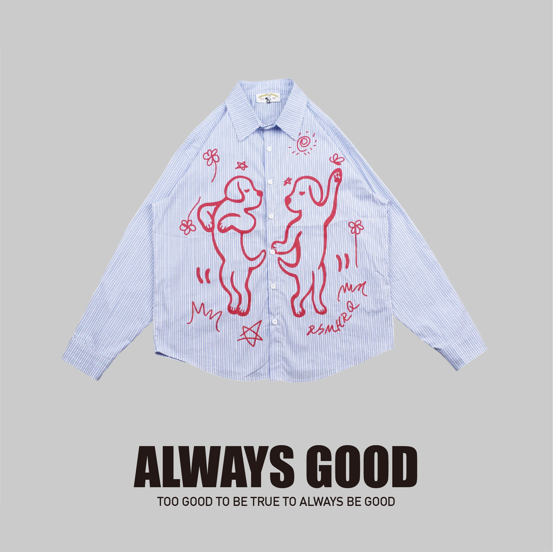 『Always_Good』手繪 跳舞小狗 直條紋 長袖襯衫