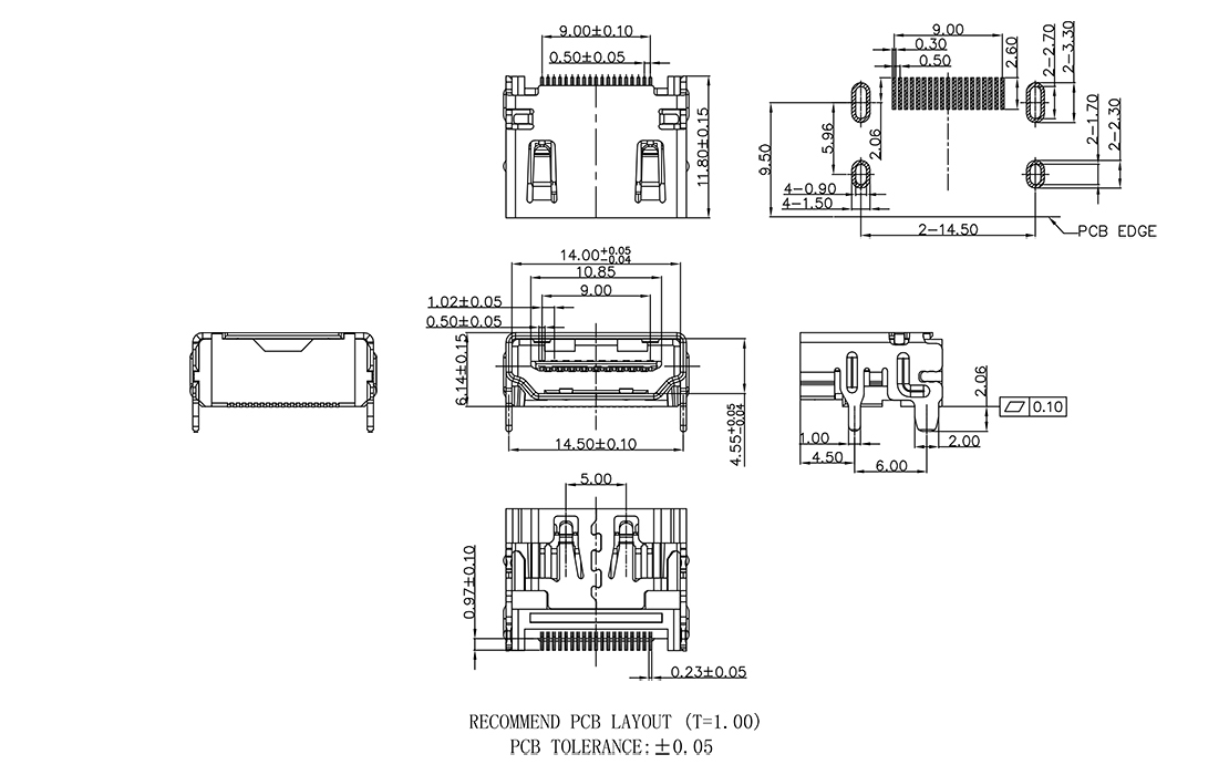 HDMI 貼片式 母座,尺寸規格