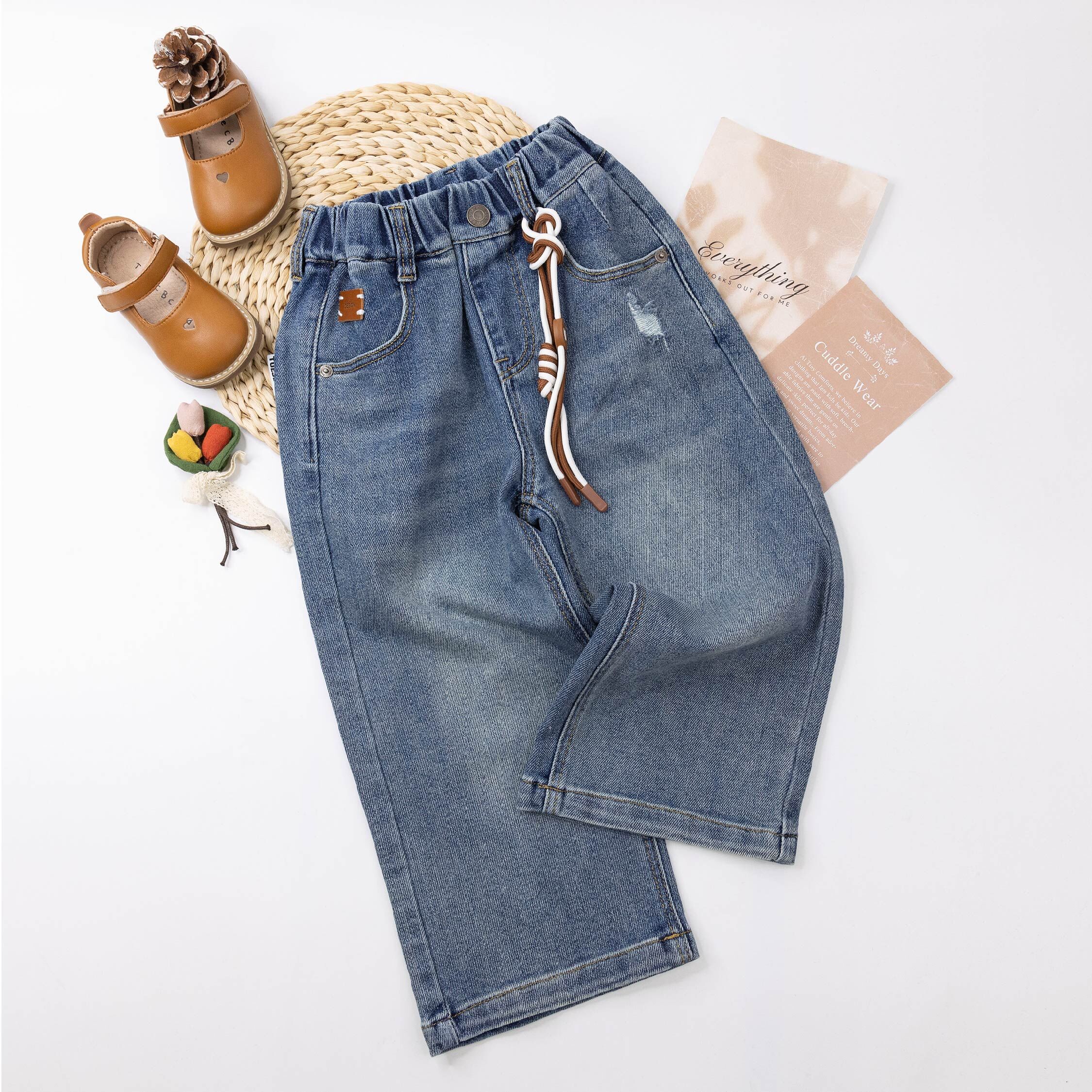 【H55167】綁繩裝飾刷破設計牛仔褲