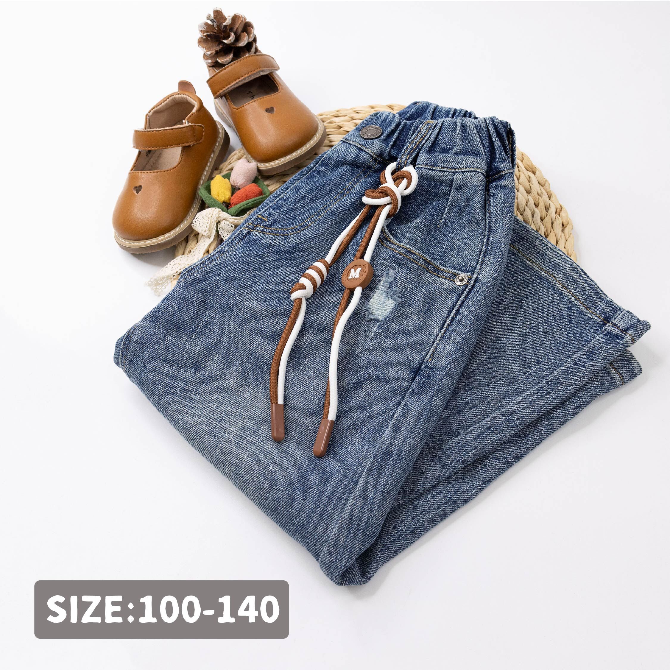 【H55167】綁繩裝飾刷破設計牛仔褲