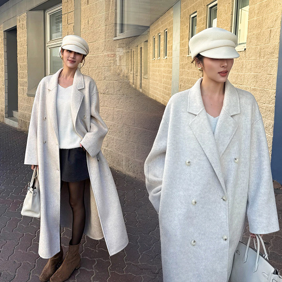 氣勢感雙排釦寬鬆V領羊毛大衣外套-S-XL / 2色 (Elegant & Love)