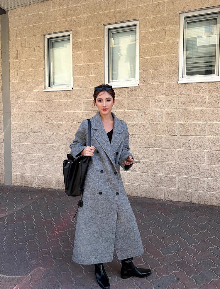 氣勢感雙排釦寬鬆V領羊毛大衣外套-S-XL / 2色 (Elegant & Love)